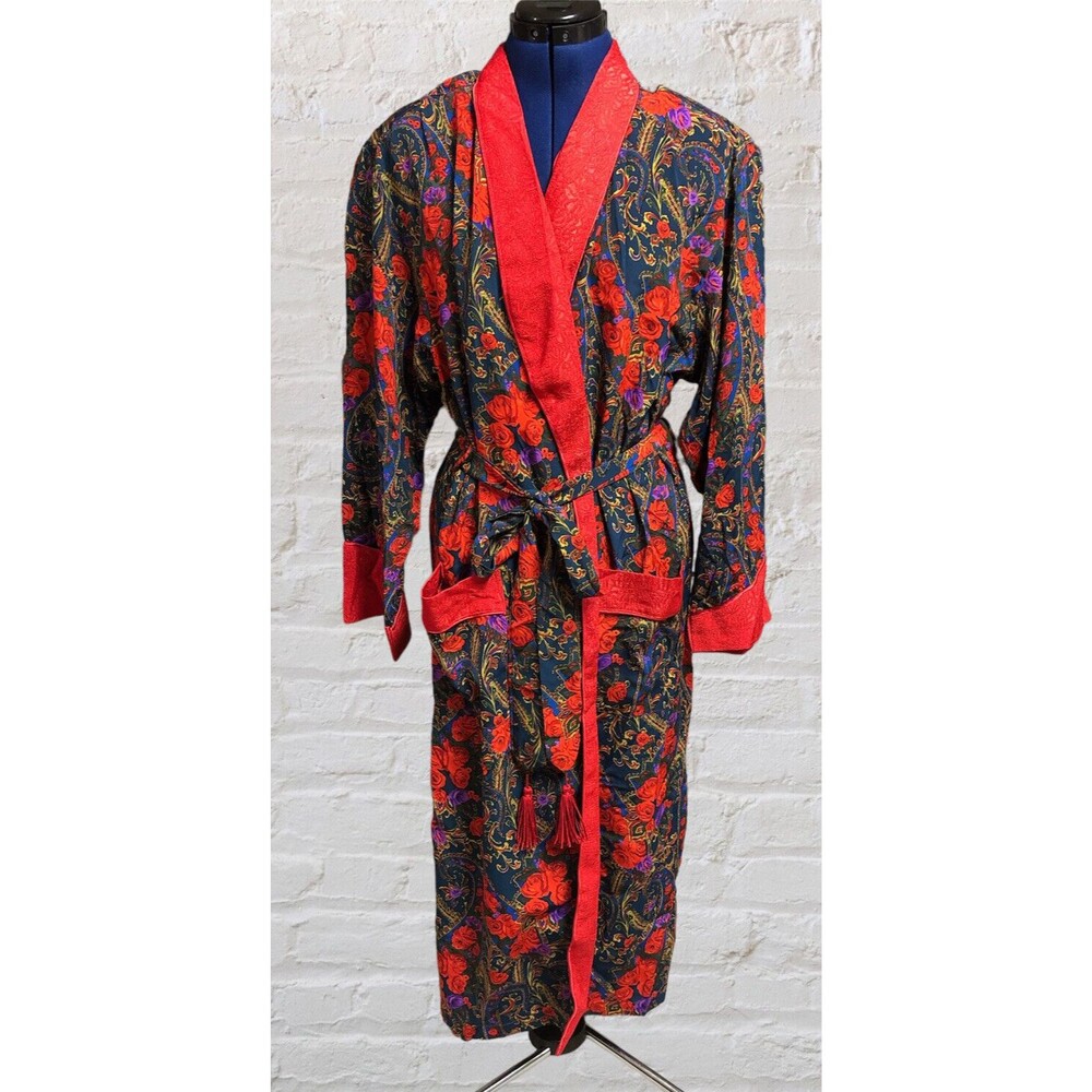 Vintage Victoria’s Secret Robe Petite S Red Purple Roses Full Length Gold Label